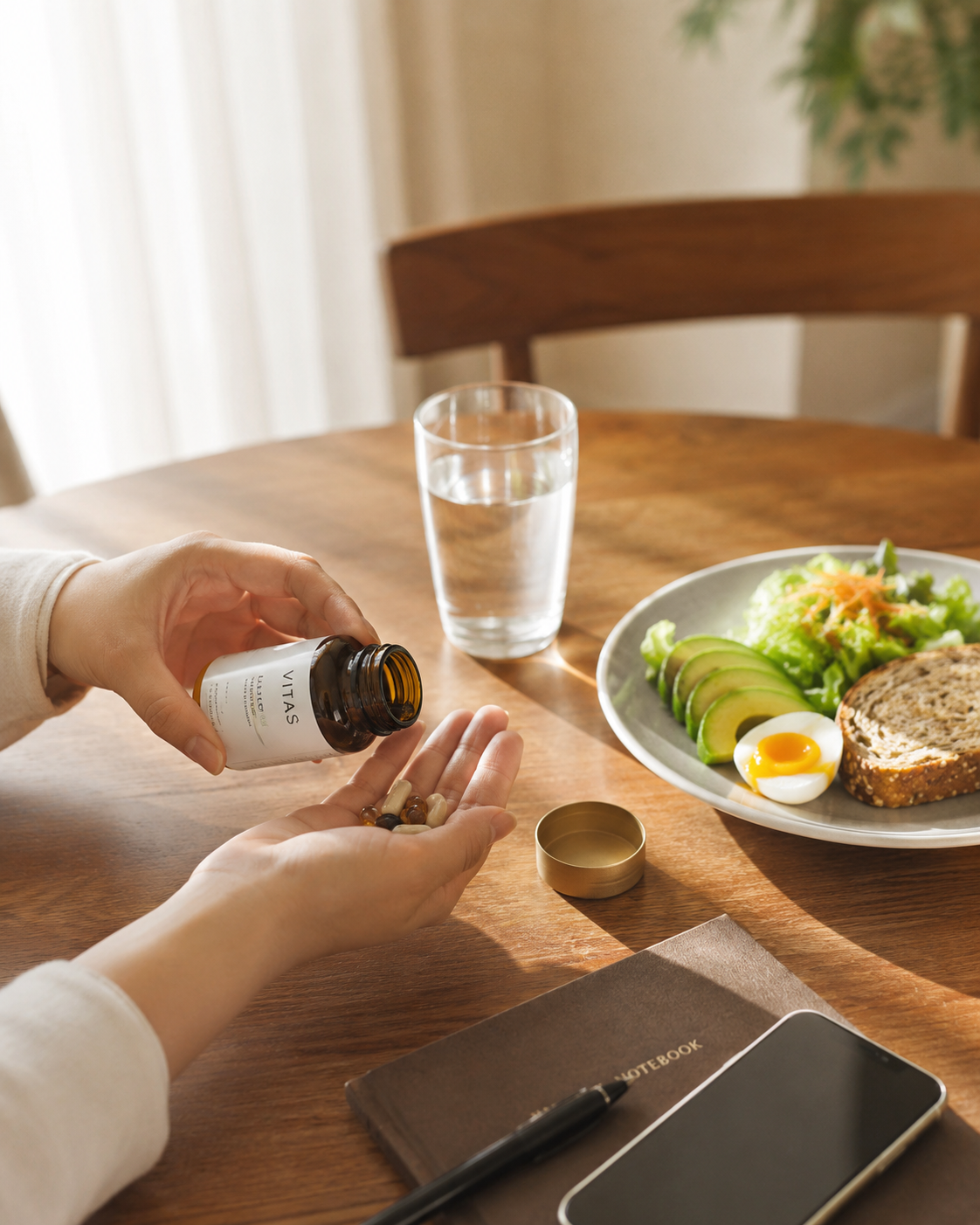朝食のテーブルでサプリメントを手に取る毎日の習慣シーン
